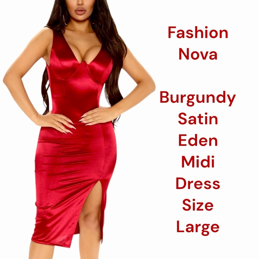 Fashion Nova burgundy red Eden Satin Midi Dress Size Large valentine